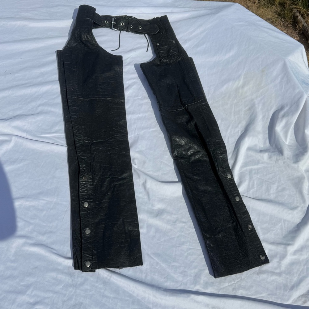 Deadstock 1980s New Age NAC Black Leather Motorcycle Chaps S NWT